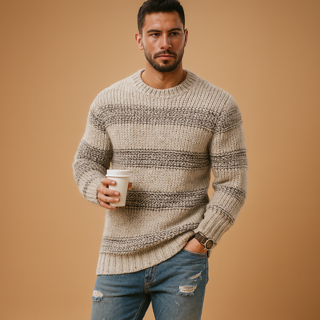 Warm Norwegian knit sweater for men with chunky Nordic design, ideal for casual and formal outfits in autumn and winter.