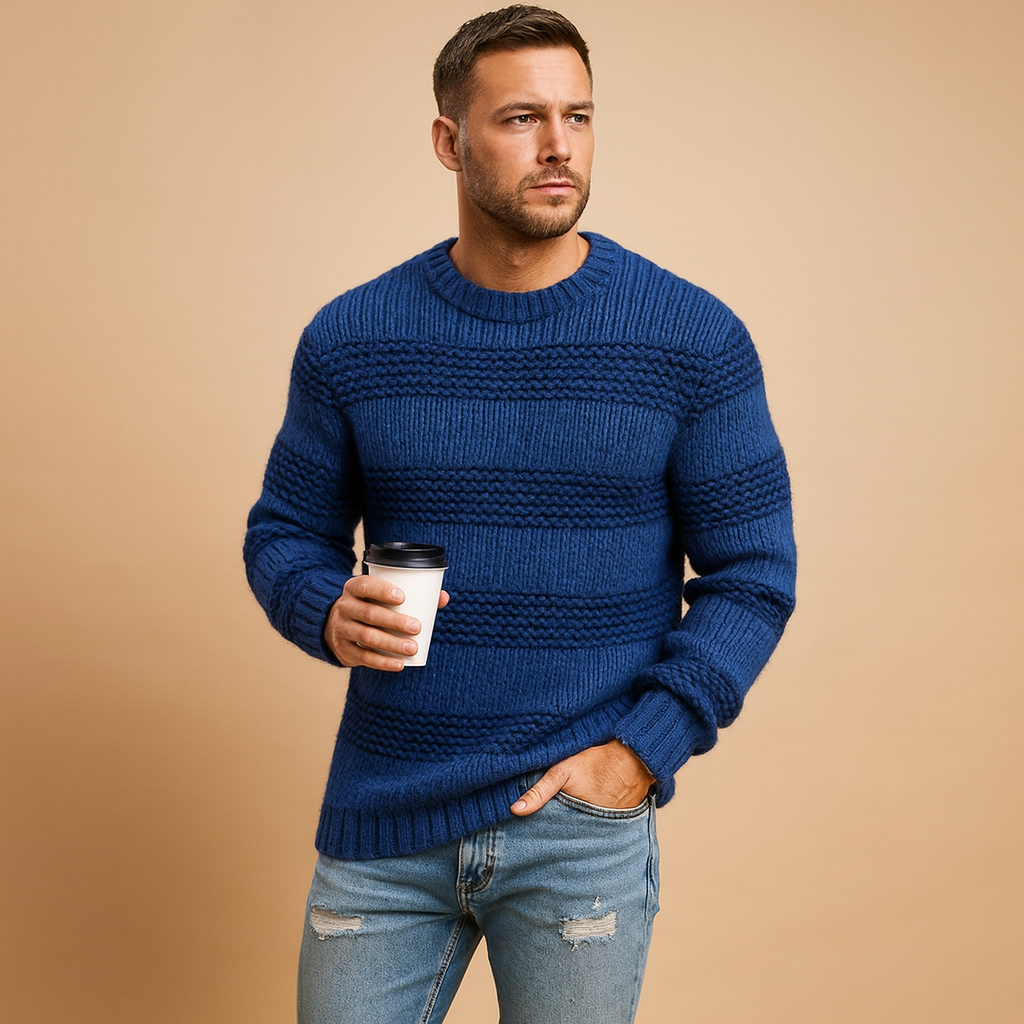 Warm Norwegian knit sweater for men with chunky Nordic design, ideal for casual and formal outfits in autumn and winter.