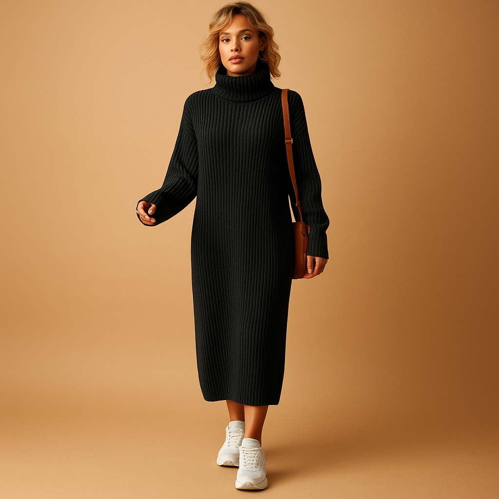 Oversized knitted sweater dress for women with soft fabric and relaxed fit, perfect for cozy autumn and winter outfits.