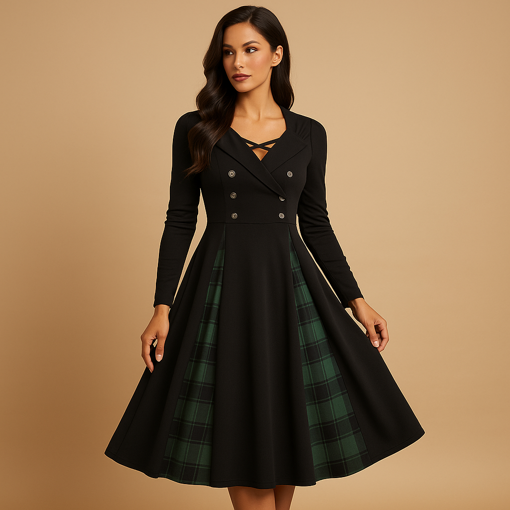 Plaid A-line dress for women with long sleeves and a flattering fit, perfect for work, formal occasions, and casual chic outfits.