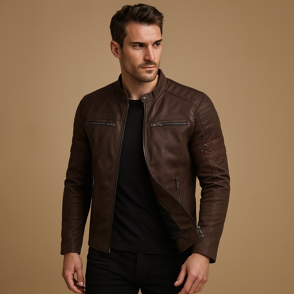 Men’s premium biker jacket with structured fit and weather-resistant finish, suitable for motorcycle rides, casual evenings, and everyday wear.