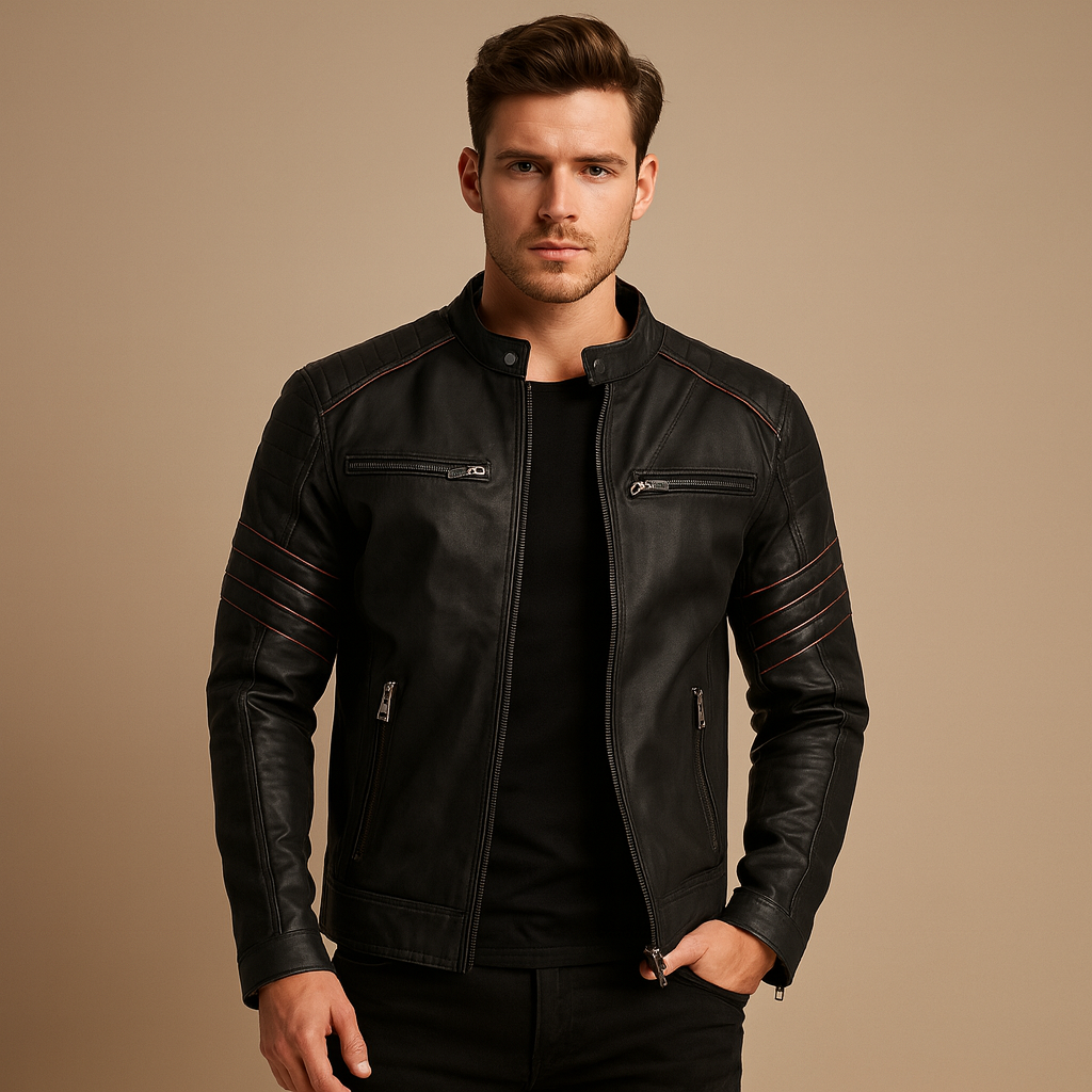 Men’s premium biker jacket with structured fit and weather-resistant finish, suitable for motorcycle rides, casual evenings, and everyday wear.