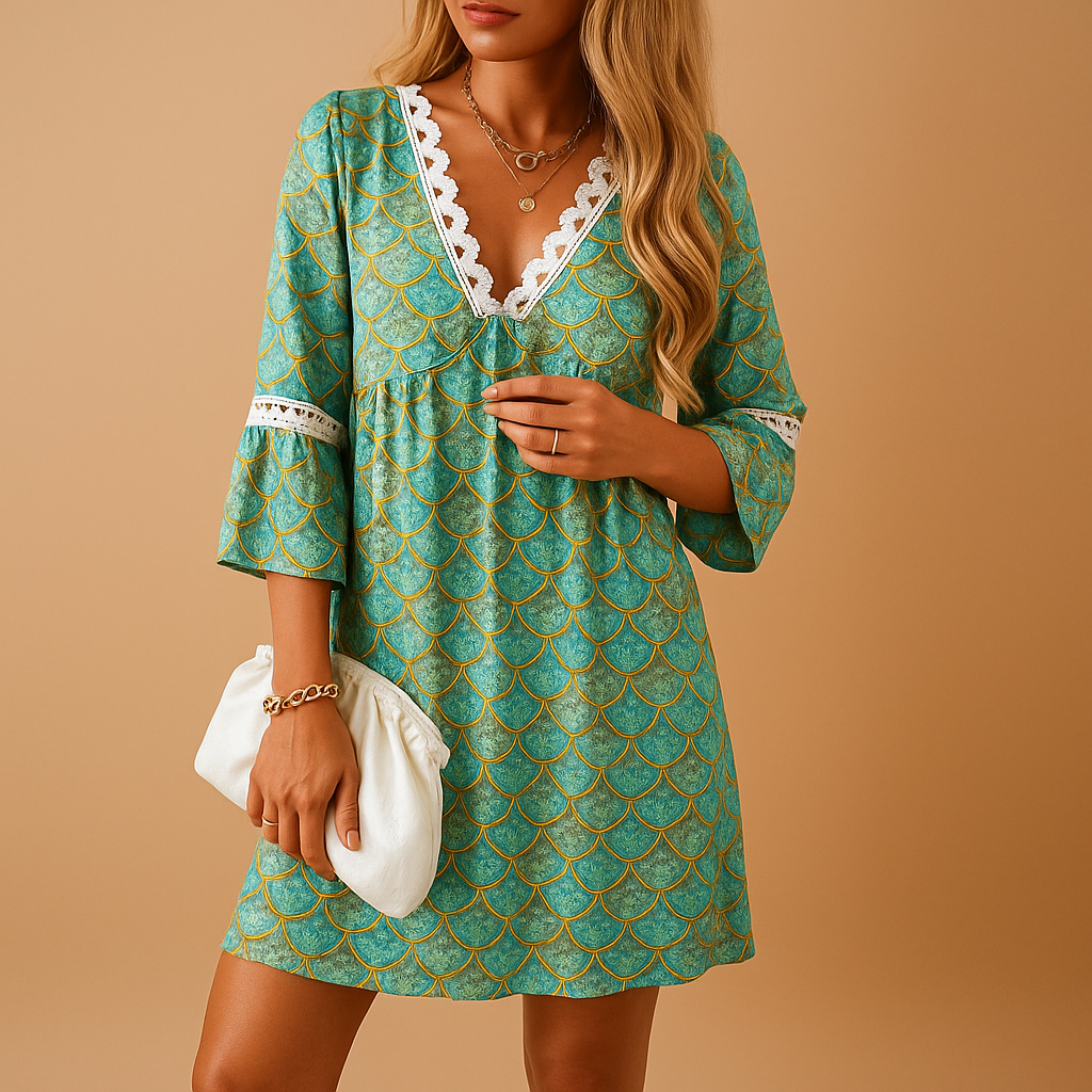 Women’s printed knee-length summer dress with short sleeves, perfect for warm days, casual outings, and summer parties