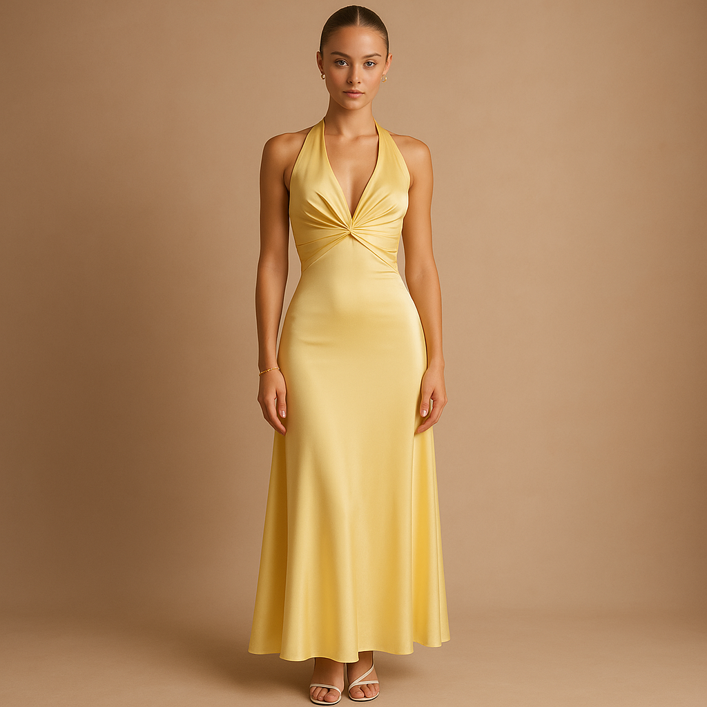 Women’s satin halter neck evening dress with a fitted silhouette, perfect for weddings, formal events, and elegant evening occasions.