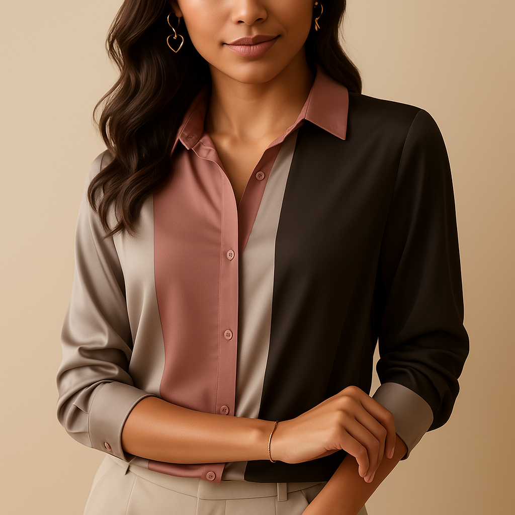 Women’s satin patchwork stripe blouse with a classic collar and loose fit, ideal for fall outfits, workwear, and elegant casual looks.