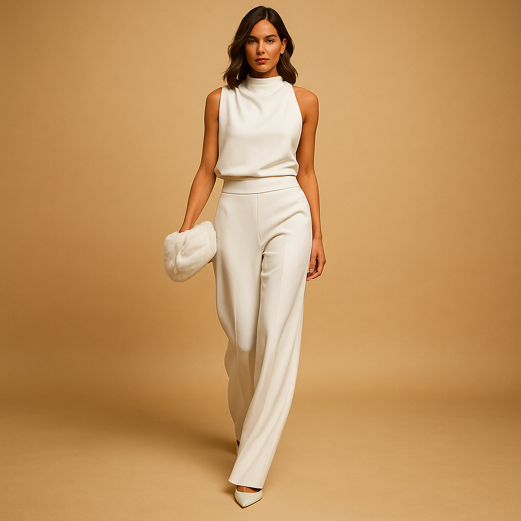 Elegant sleeveless halter jumpsuit for women with wide legs, decorative bow, and flattering high waist, ideal for parties, dinners, and summer occasions.