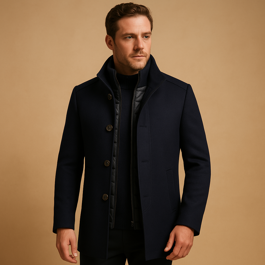 Men’s tailored winter coat with mandarin collar and single-breasted design, suitable for formal occasions and everyday wear in colder weather.