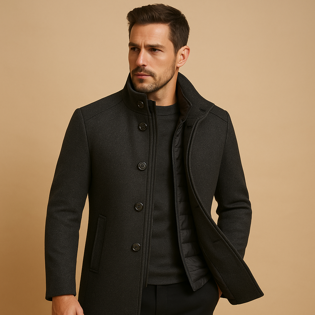 Men’s tailored winter coat with mandarin collar and single-breasted design, suitable for formal occasions and everyday wear in colder weather.