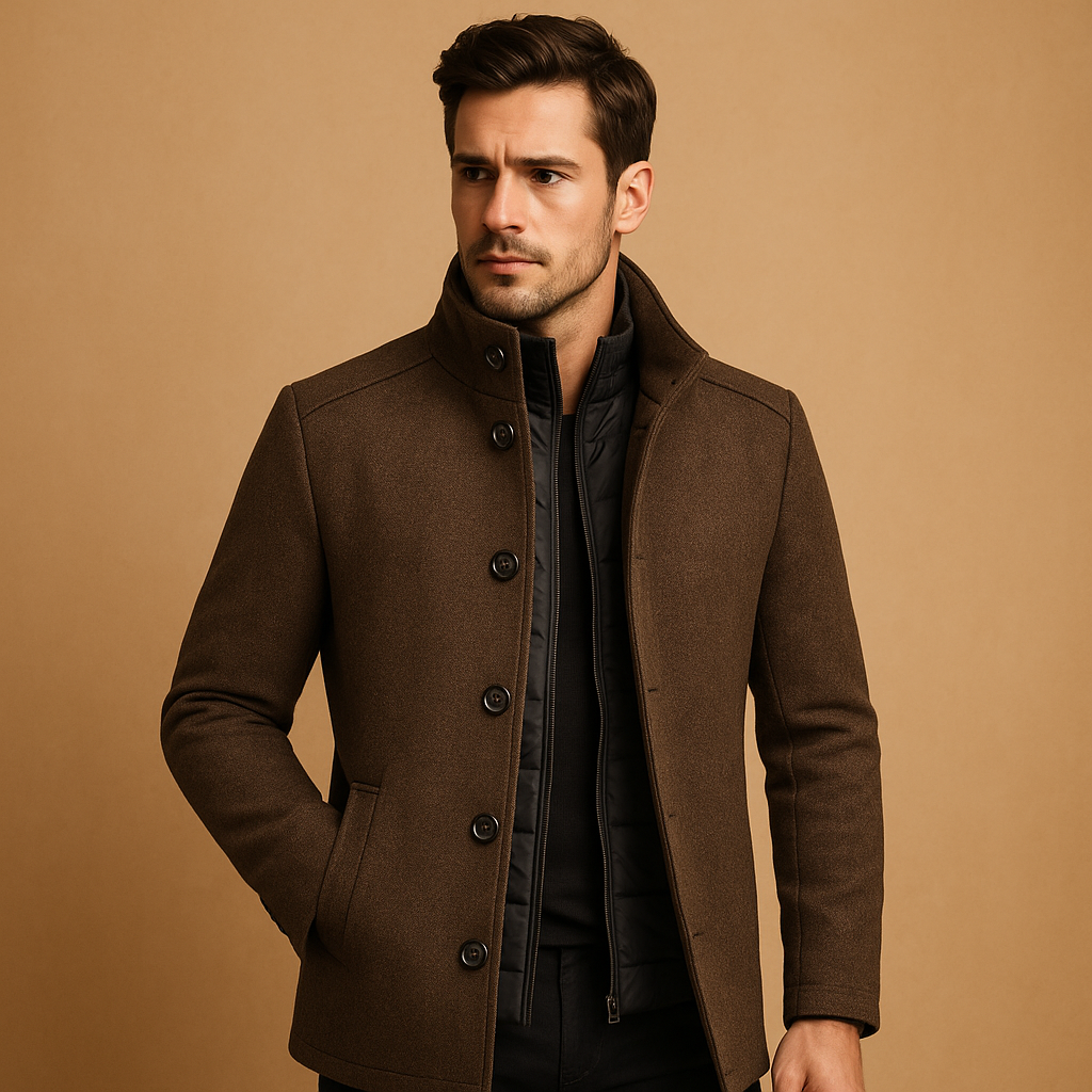 Men’s tailored winter coat with mandarin collar and single-breasted design, suitable for formal occasions and everyday wear in colder weather.