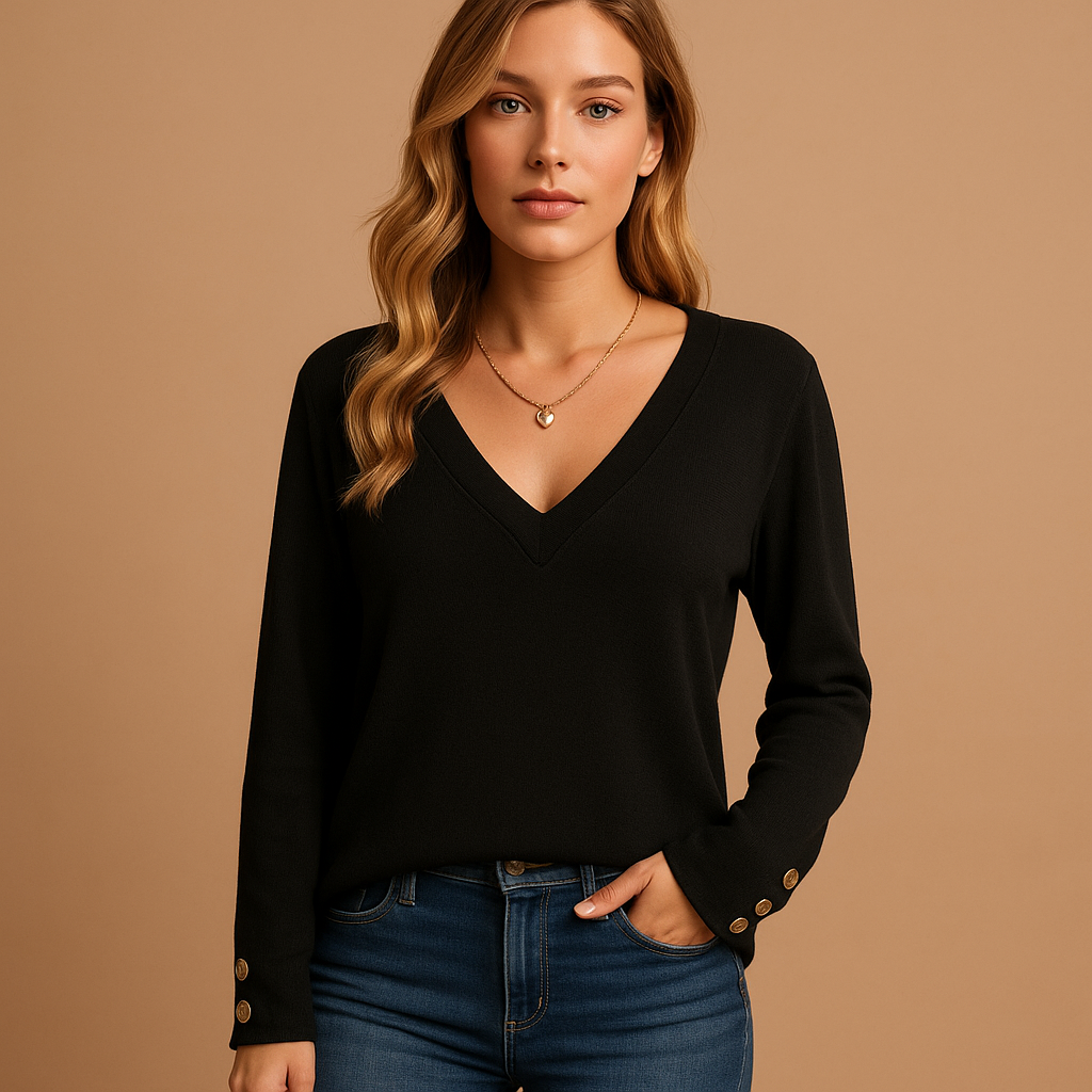 Women’s v-neck blouse with button details and a loose, comfortable fit, suitable for daily wear, office outfits, and versatile styling.