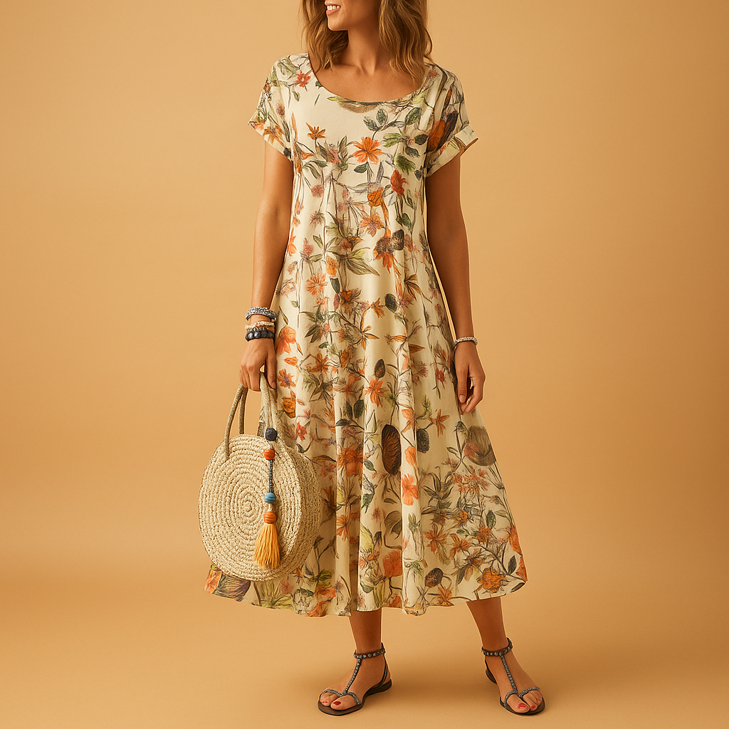 Women’s vintage floral dress with a loose fit, boat neck, and short sleeves, perfect for summer days, beach trips, and casual outings.