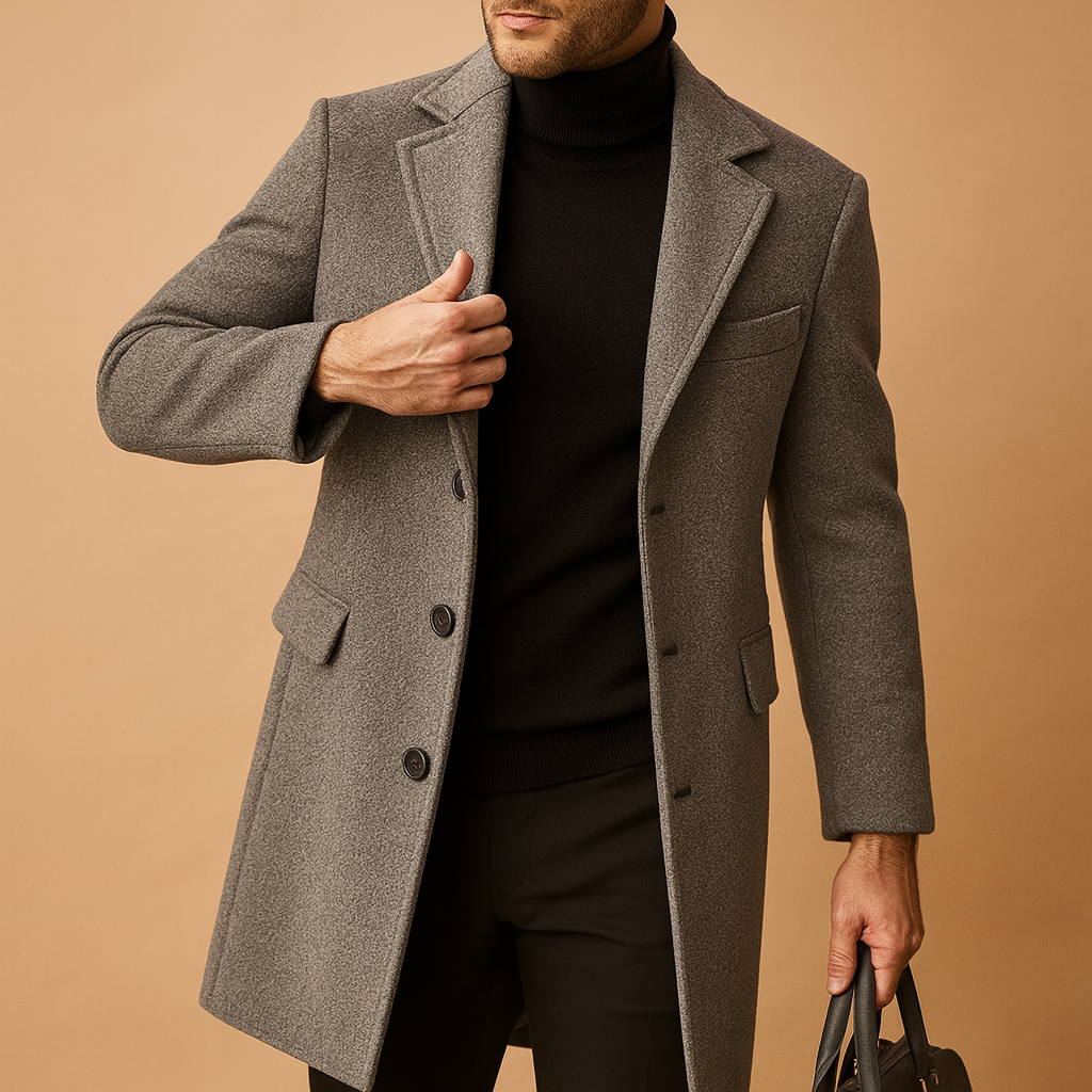 Men’s warm formal overcoat with relaxed fit and insulating design, suitable for autumn and winter wear, business settings, and daily outfits.
