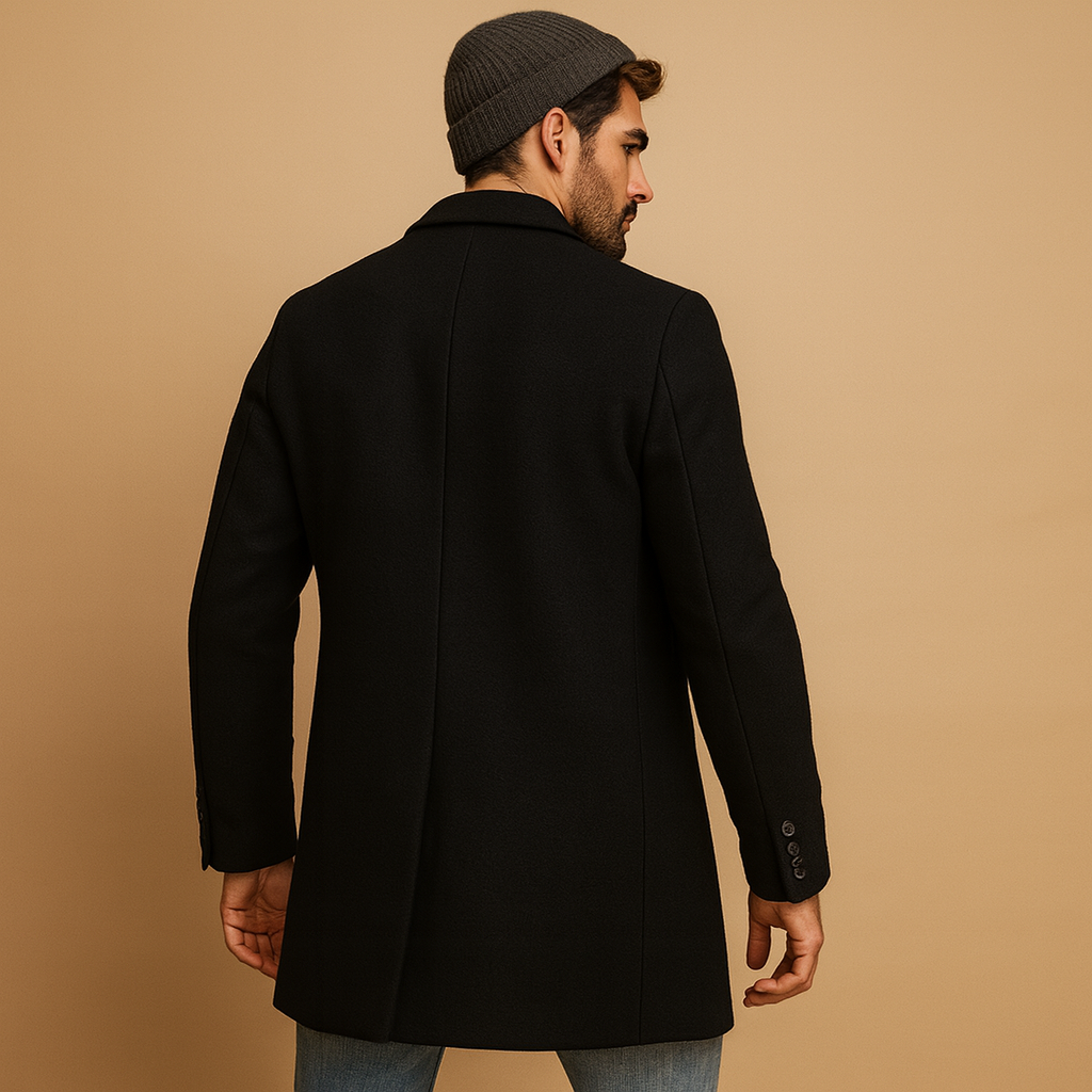 Men’s warm formal overcoat with relaxed fit and insulating design, suitable for autumn and winter wear, business settings, and daily outfits.