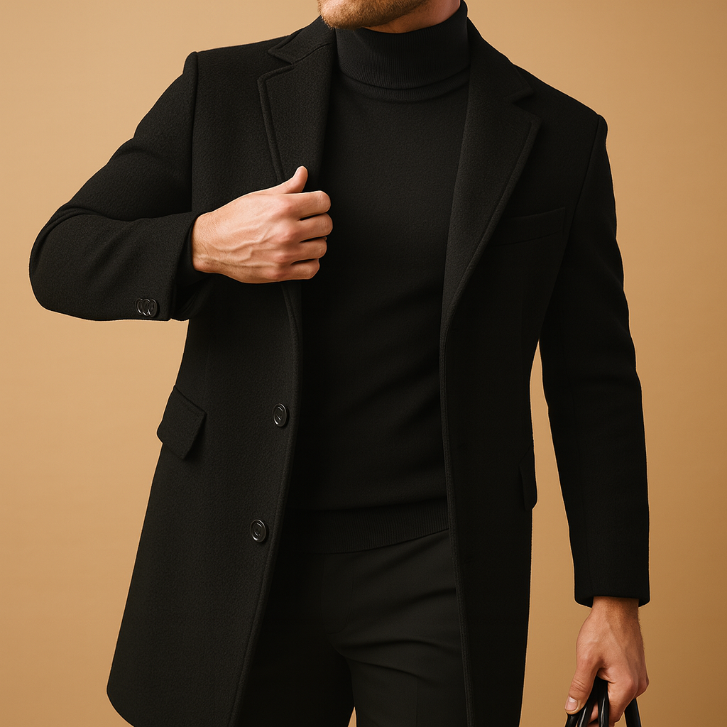Men’s warm formal overcoat with relaxed fit and insulating design, suitable for autumn and winter wear, business settings, and daily outfits.