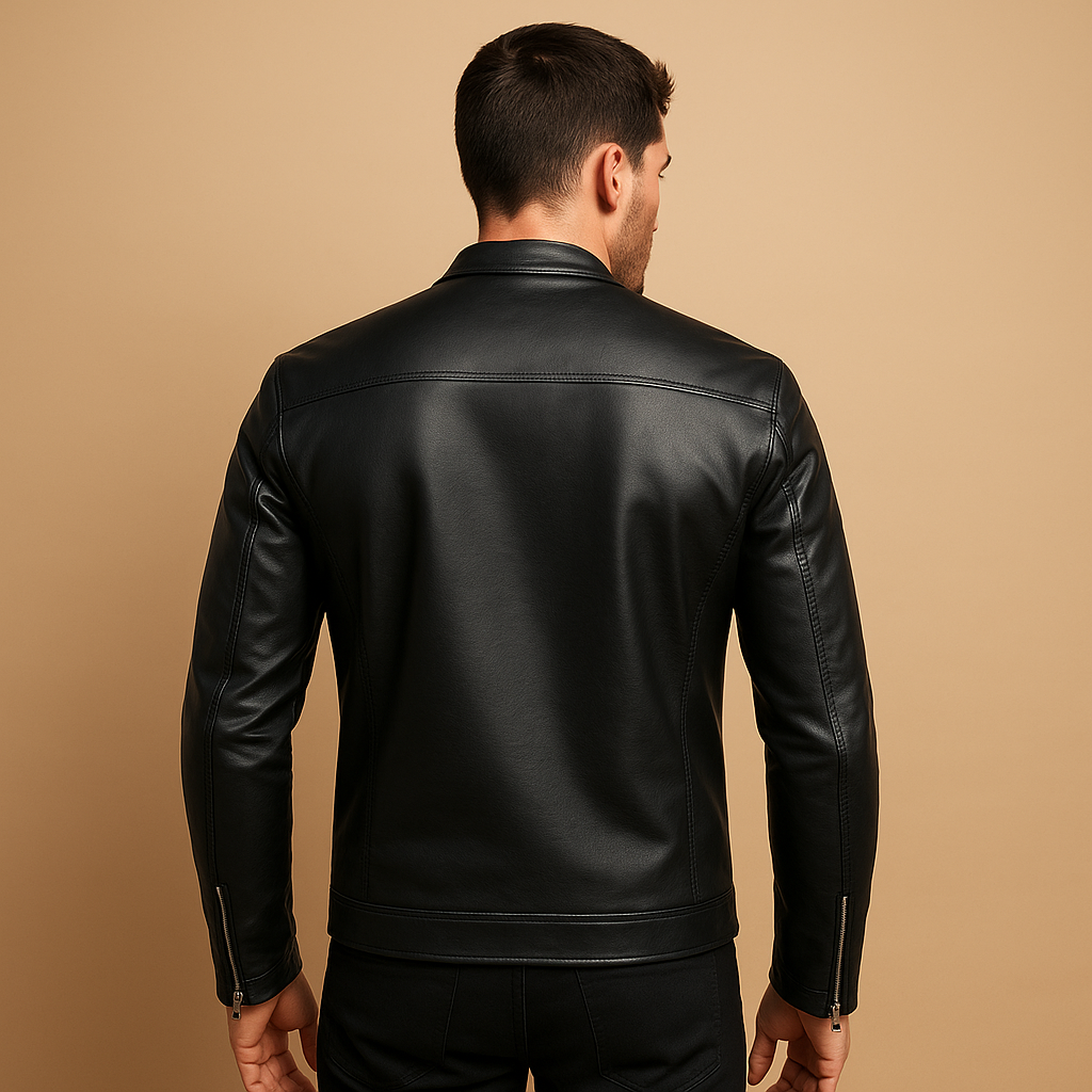 Men’s waterproof biker jacket with classic black design, tailored fit, and soft inner lining, suitable for motor rides and everyday wear.