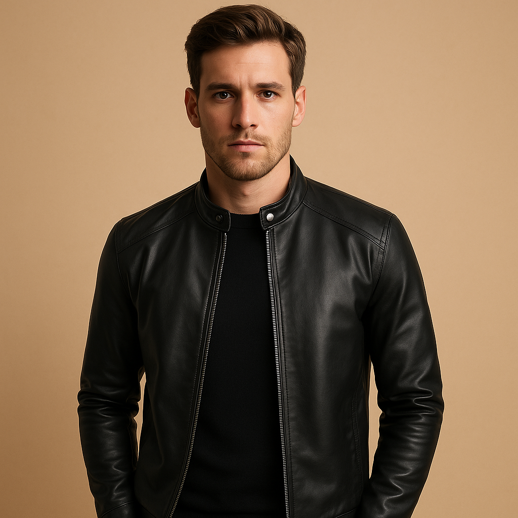 Men’s waterproof biker jacket with classic black design, tailored fit, and soft inner lining, suitable for motor rides and everyday wear.