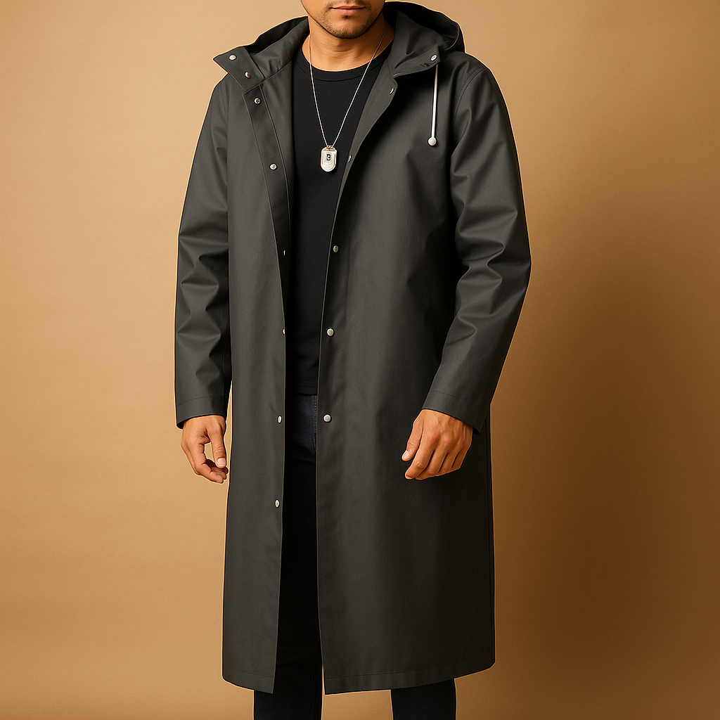 Men’s waterproof long raincoat with durable EVA material and comfortable fit, suitable for walking, camping, and outdoor use in rainy conditions.