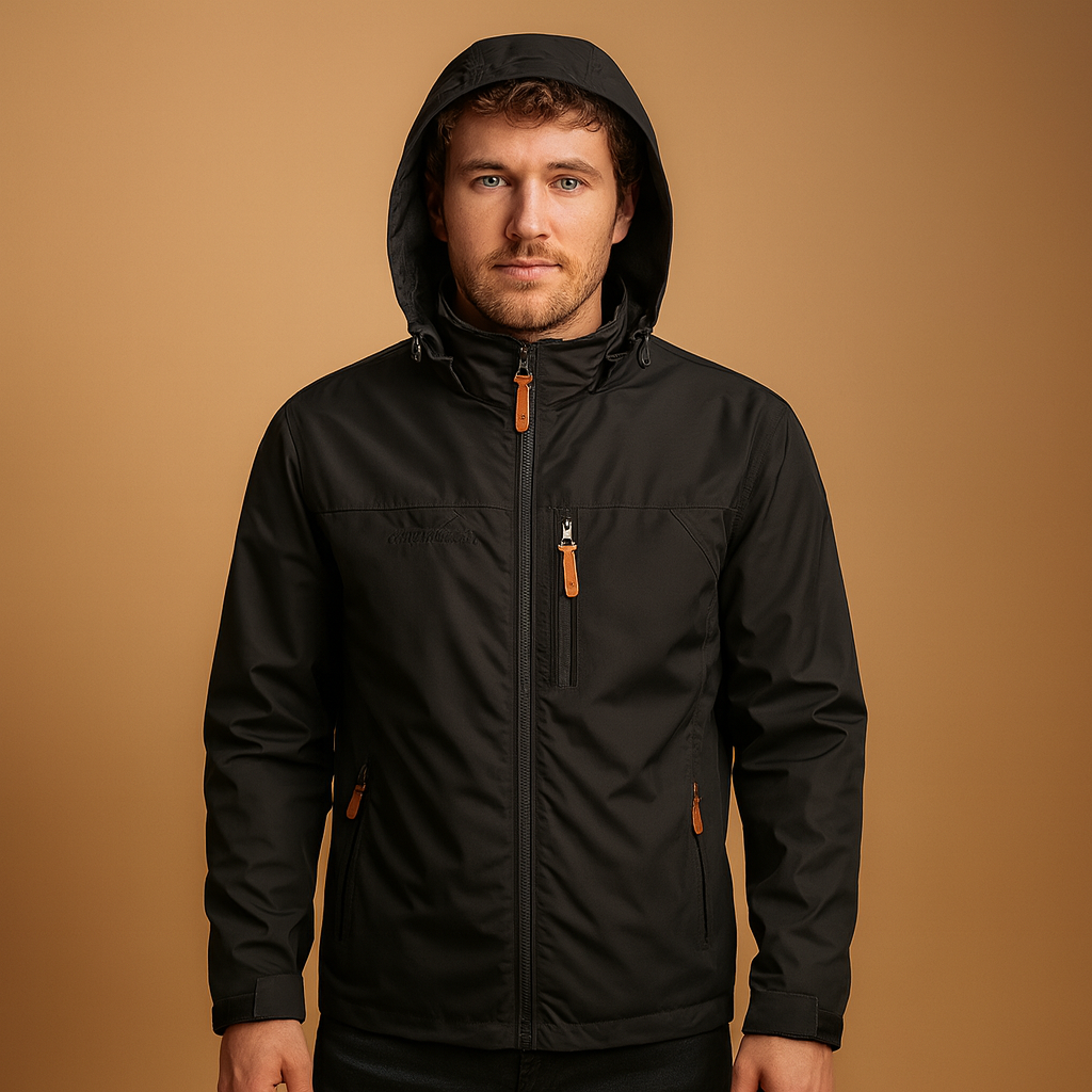 Men’s waterproof rain jacket with adjustable hood and breathable fabric, suitable for daily wear, city walks, and outdoor activities.