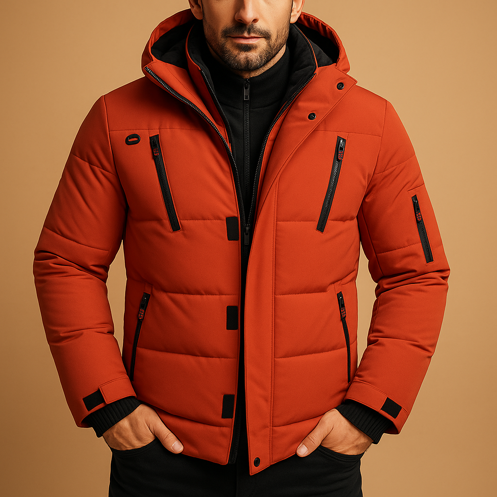 Men’s waterproof winter jacket with adjustable hood, insulating lining, and practical pockets, suitable for outdoor activities, commuting, and cold weather wear.