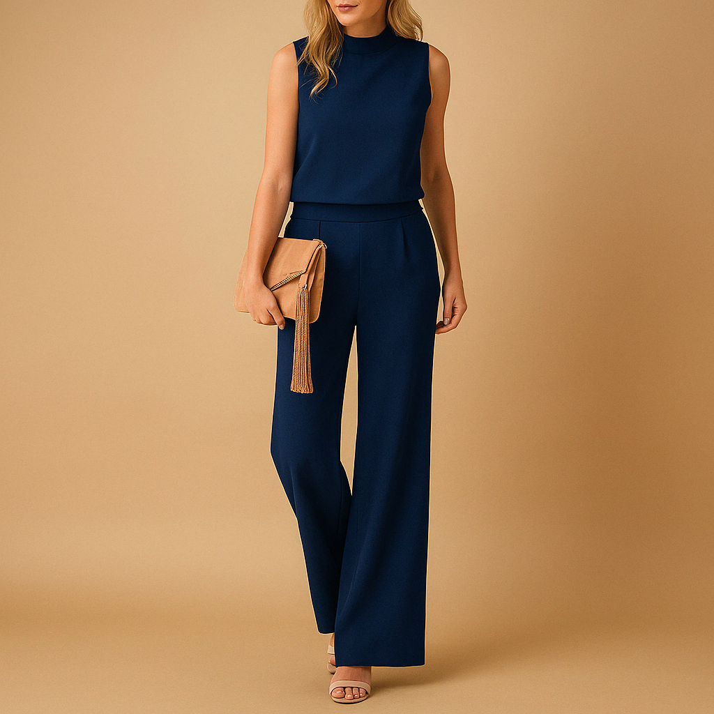 Wide leg elegant jumpsuit for women with round neckline and flattering mid-waist fit, perfect for work, formal occasions, or evenings out.