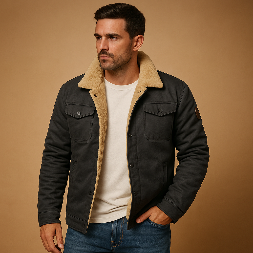 Men’s winter bomber jacket with ribbed cuffs and hem, insulating lining, and classic design, suitable for casual looks and winter outings.