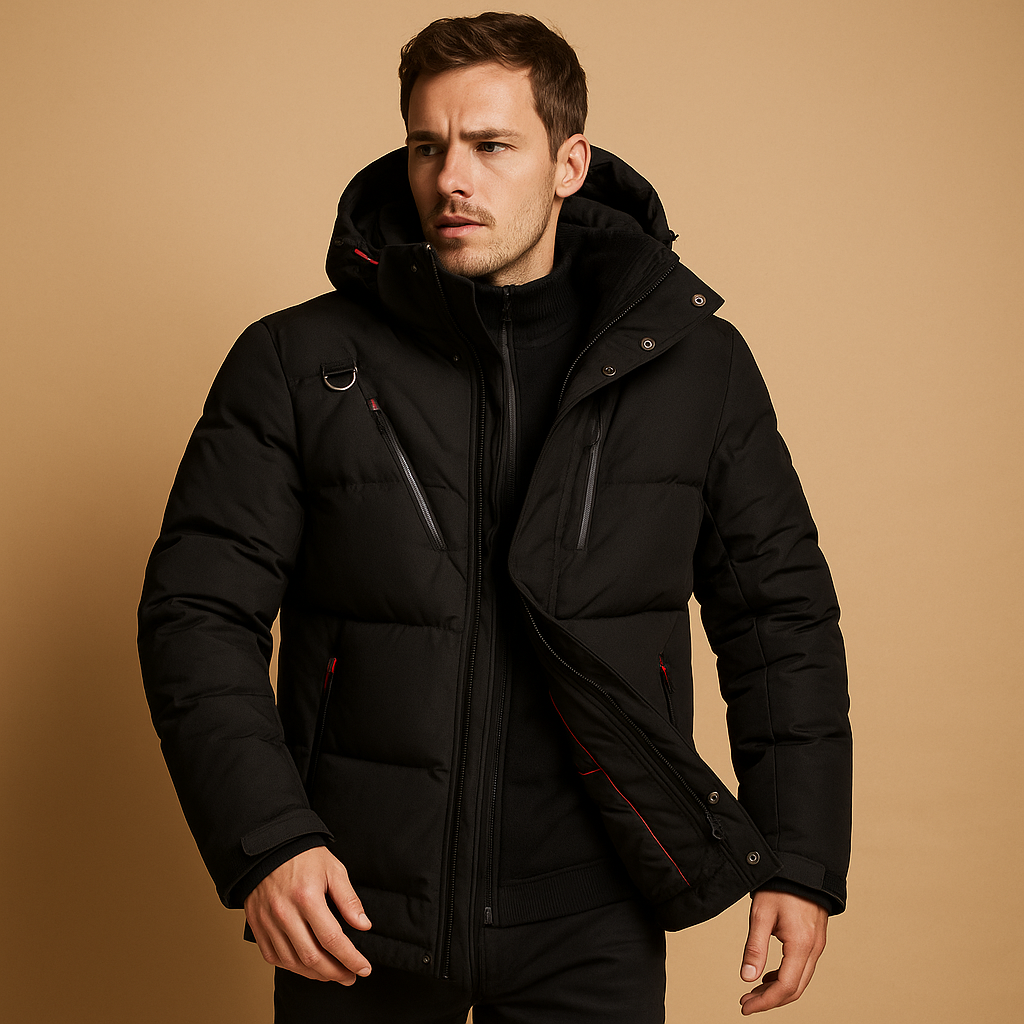Men’s winter parka jacket with a regular fit and removable hood, suitable for daily wear and outdoor activities during cold seasons.