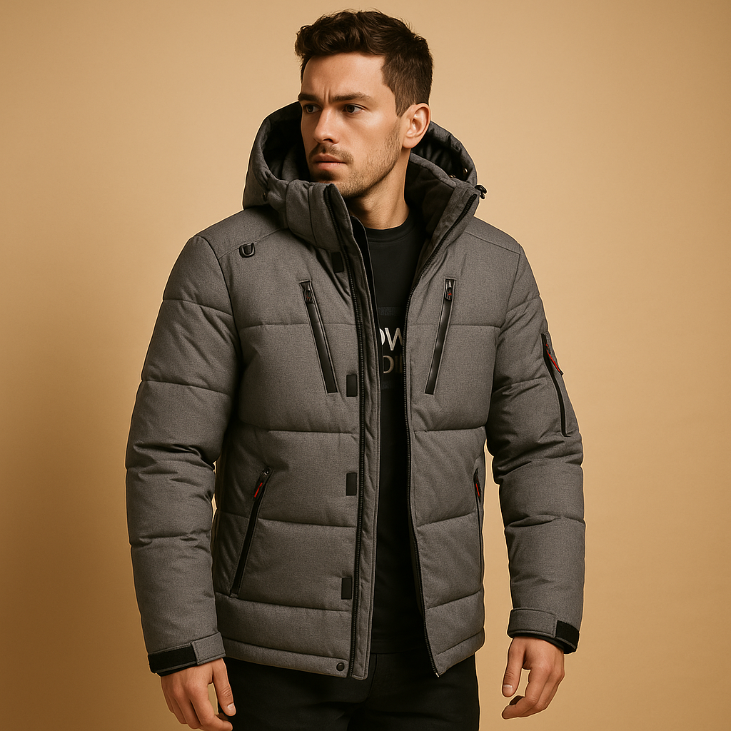 Men’s winter parka jacket with a regular fit and removable hood, suitable for daily wear and outdoor activities during cold seasons.