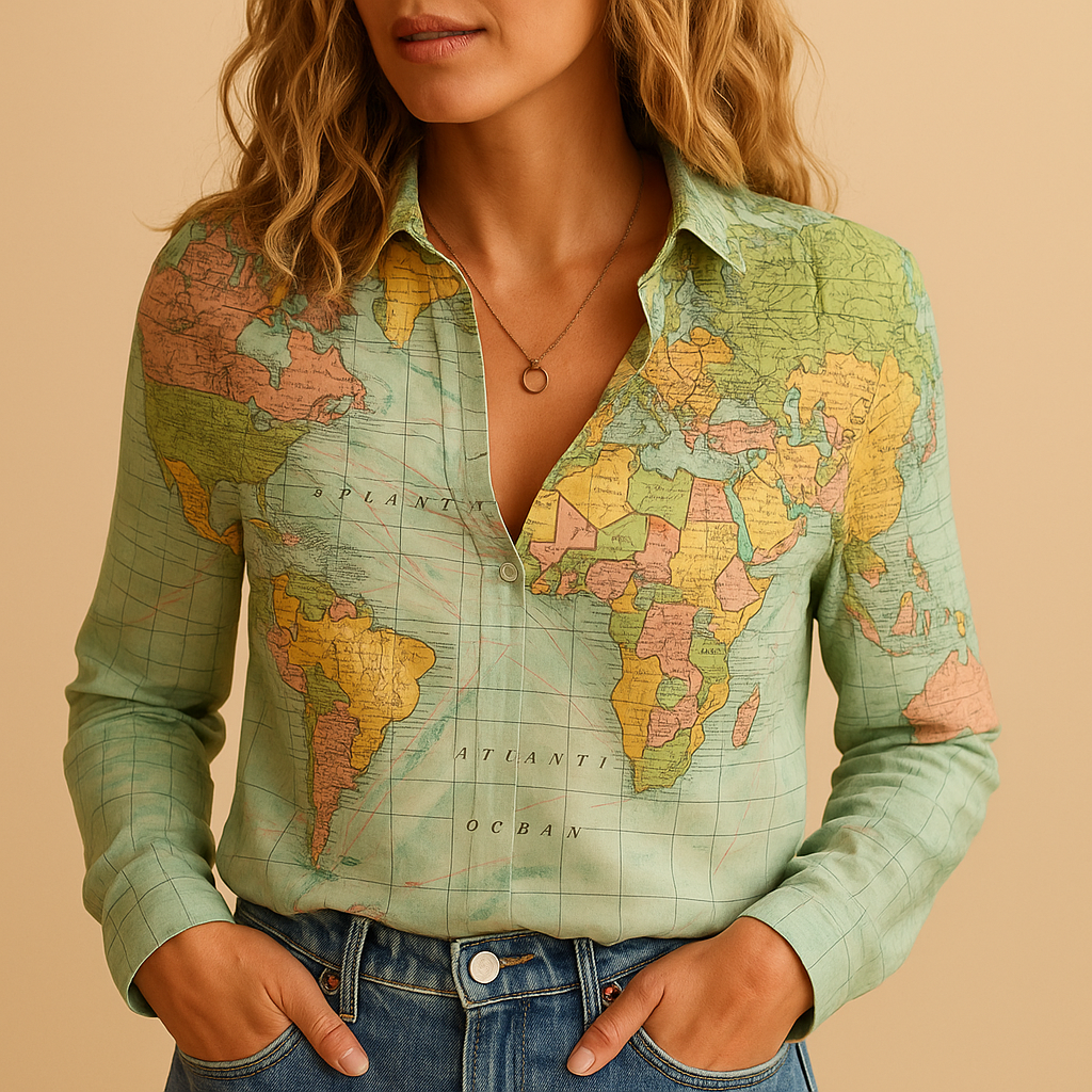 World map print blouse for women with a half button closure and lightweight fit, suitable for travel outfits, casual wear, and work looks.