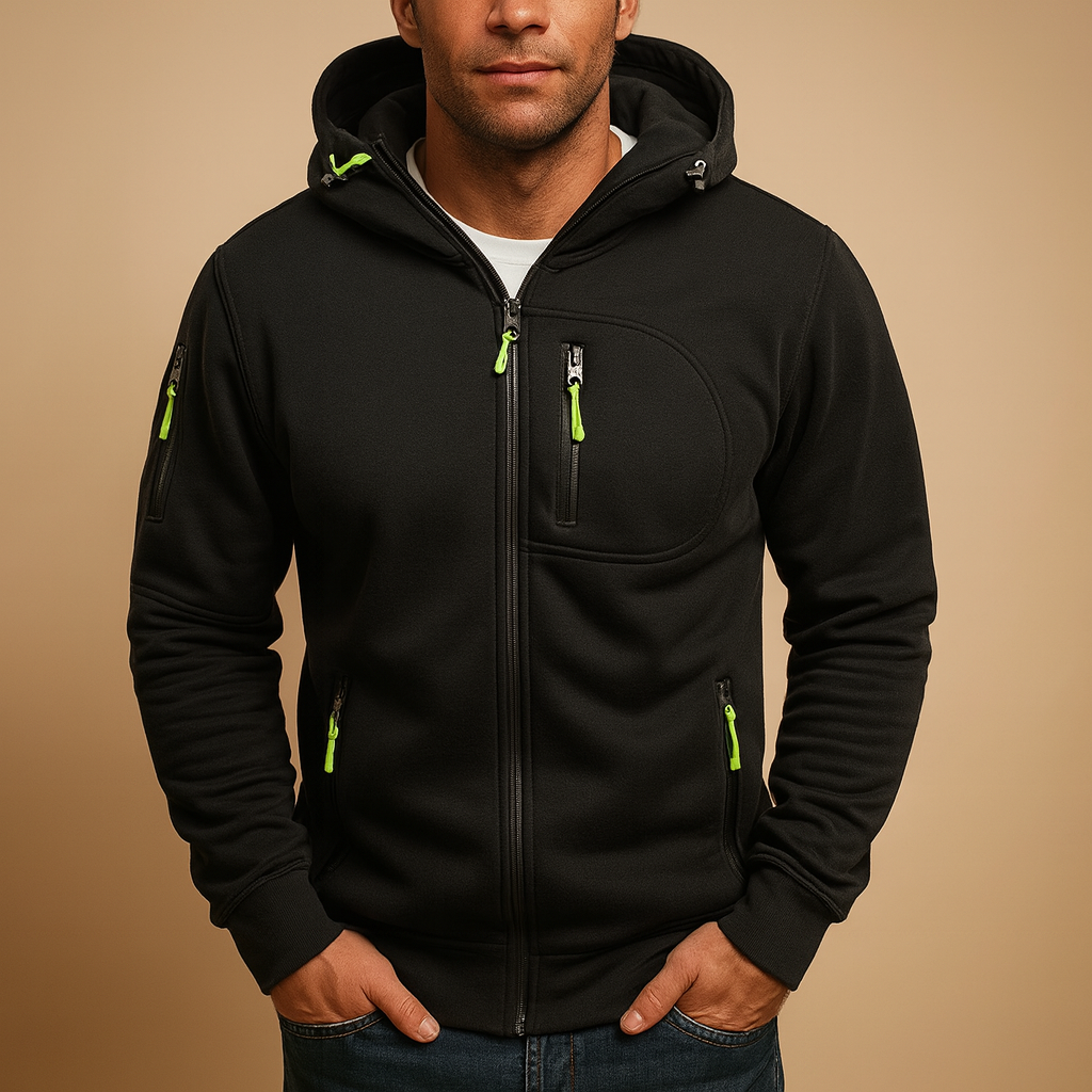 Breathable zipped hooded hoodie for men with adjustable hood, ideal for casual and sporty wear in autumn and winter.