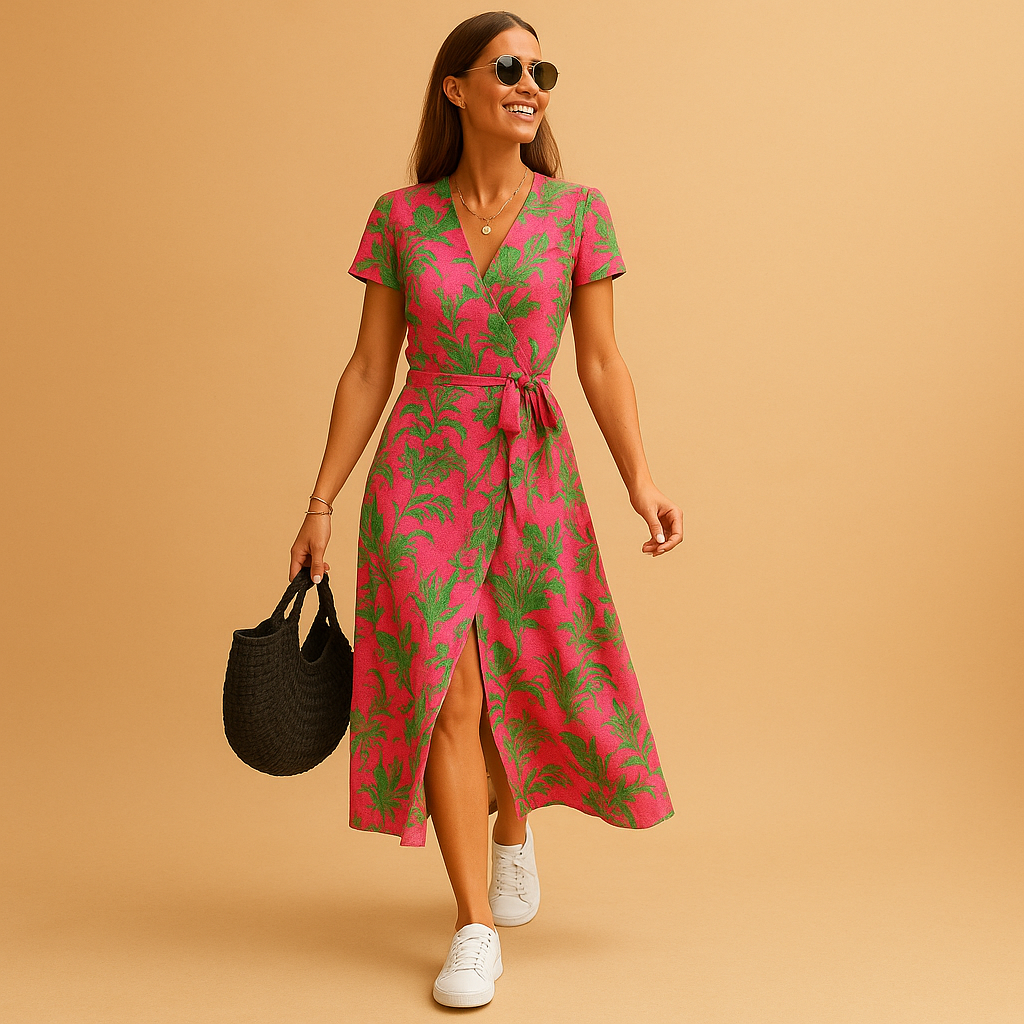 Women’s A-line summer dress with puff sleeves and V-neck, perfect for casual outings and elegant summer occasions.