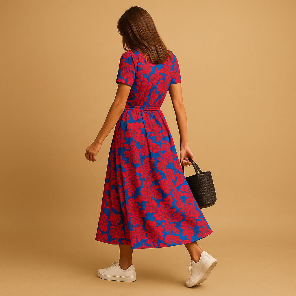 Women’s A-line summer dress with puff sleeves and V-neck, perfect for casual outings and elegant summer occasions.
