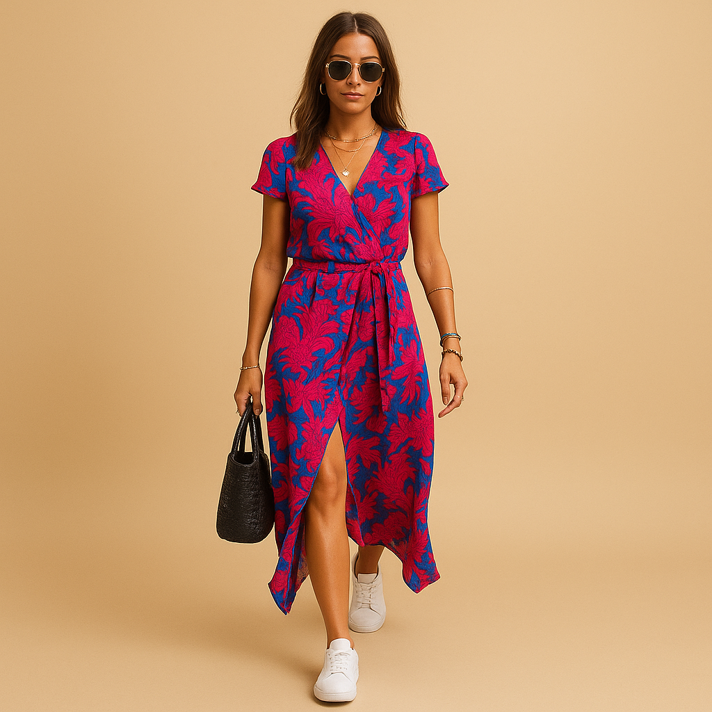 Women’s A-line summer dress with puff sleeves and V-neck, perfect for casual outings and elegant summer occasions.