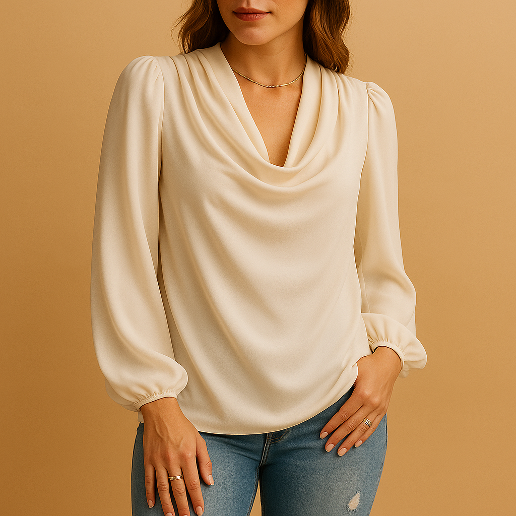 Airy women’s blouse with a V-neck and puff sleeves, ideal for casual days, summer outings, or elegant dinners.