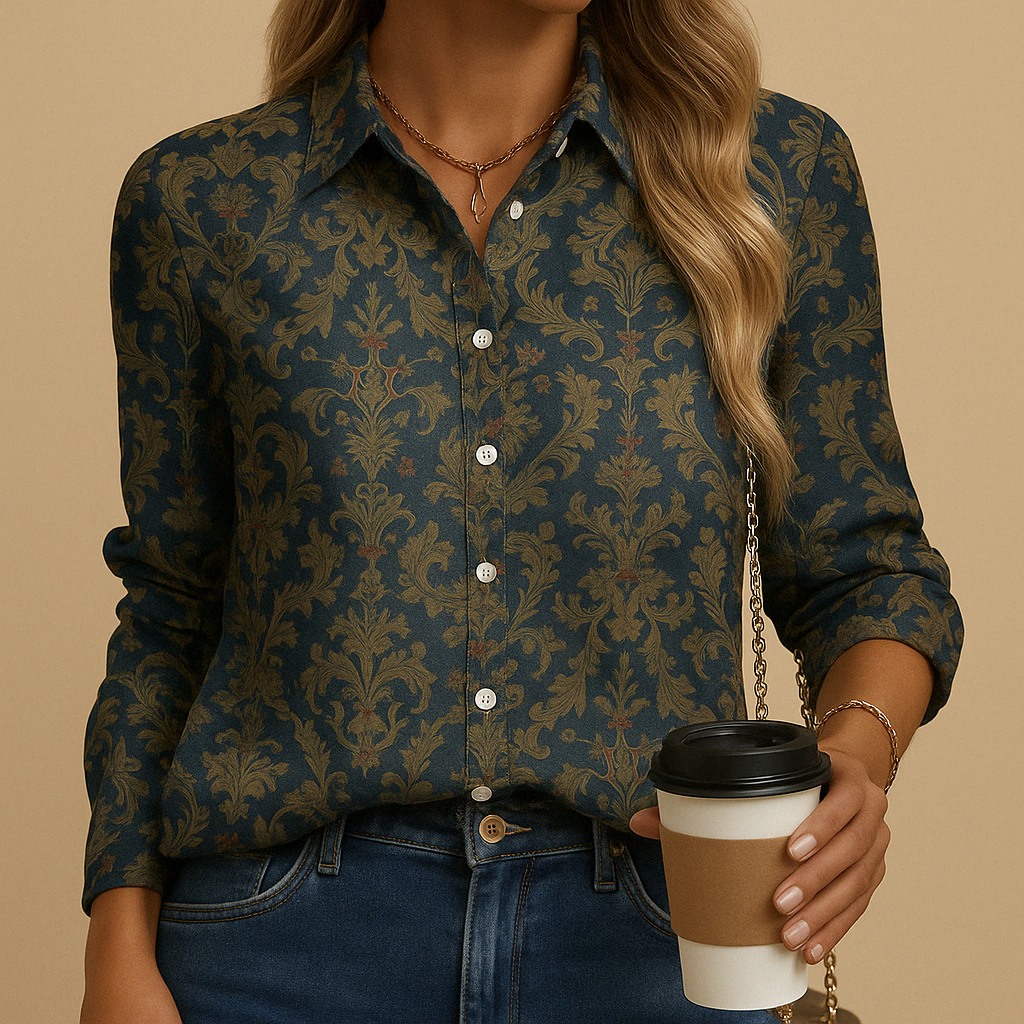 Women’s autumn blouse in warm seasonal colors with a tailored fit, soft breathable fabric, ideal for work, everyday wear, and semi-formal occasions.
