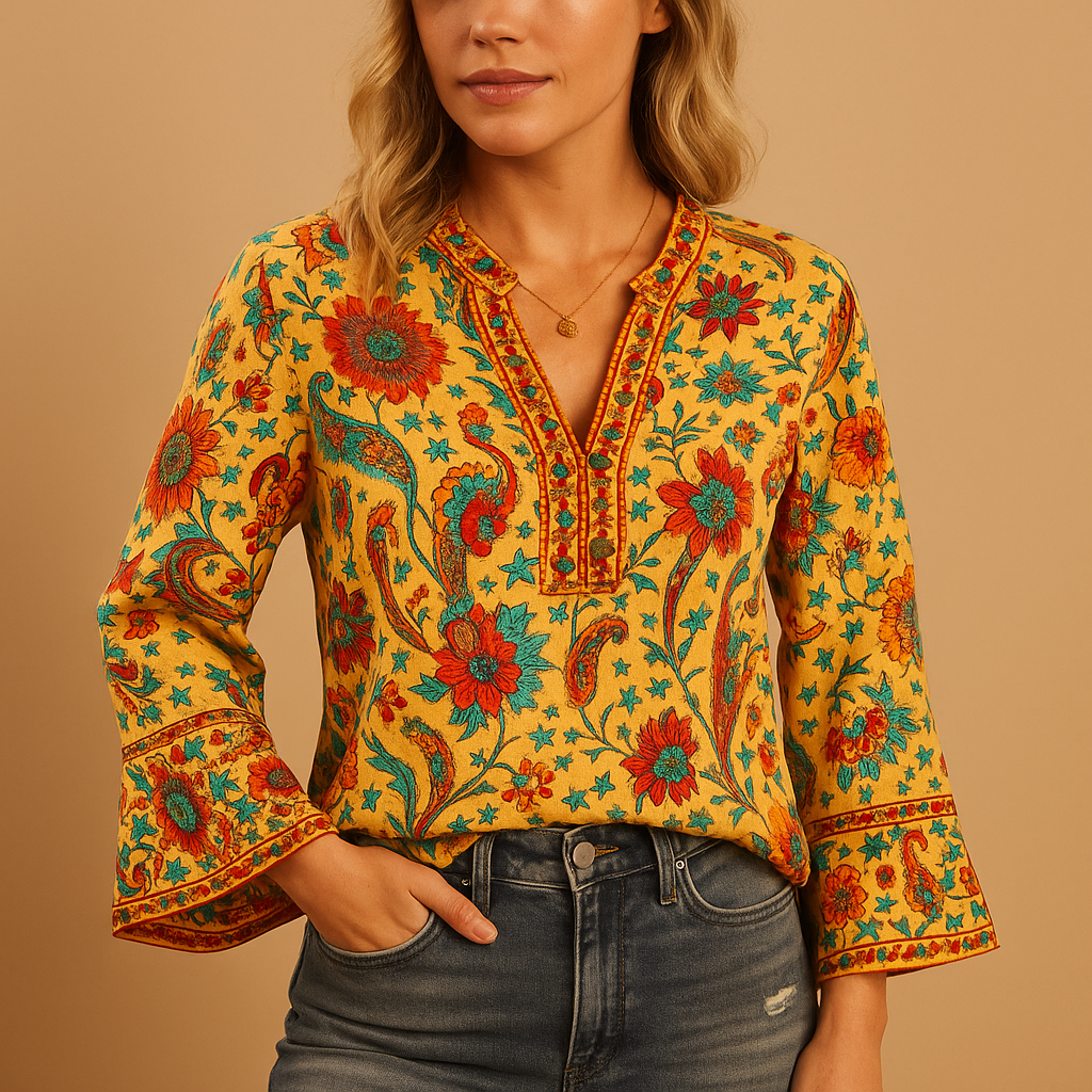 Boho-style women’s floral blouse with flared sleeves and a standing collar, ideal for casual outfits or festive spring and summer occasions.