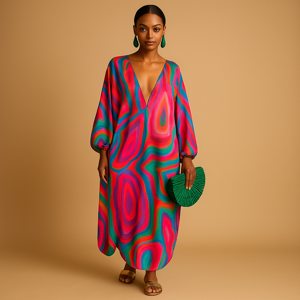 Women’s boho maxi dress with long sleeves and a loose fit, perfect for beach days, festivals, and casual summer outfits