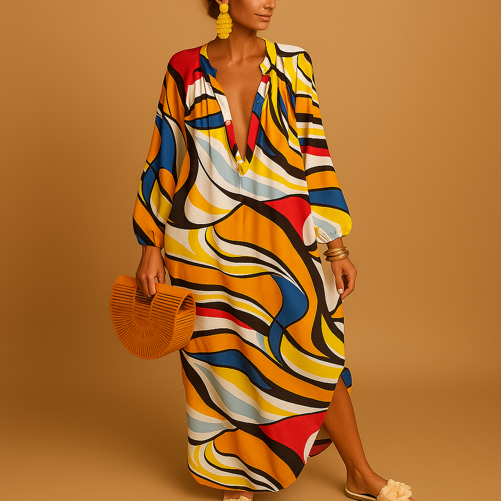 Women’s boho maxi dress with long sleeves and a loose fit, perfect for beach days, festivals, and casual summer outfits