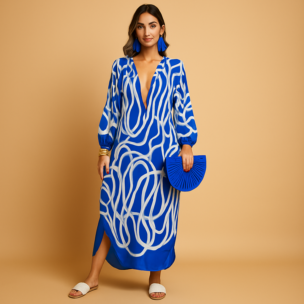 Women’s boho maxi dress with long sleeves and a loose fit, perfect for beach days, festivals, and casual summer outfits