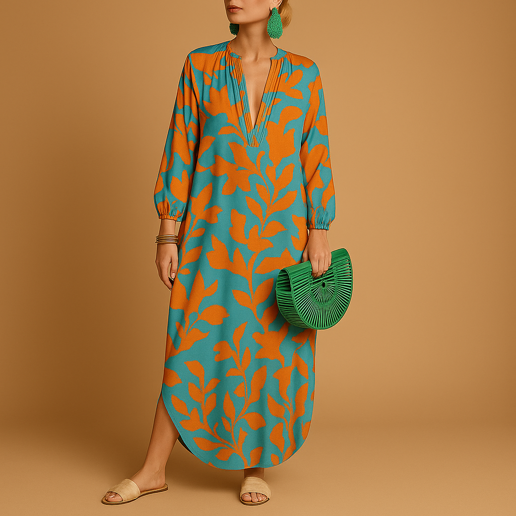 Women’s boho maxi dress with long sleeves and a loose fit, perfect for beach days, festivals, and casual summer outfits