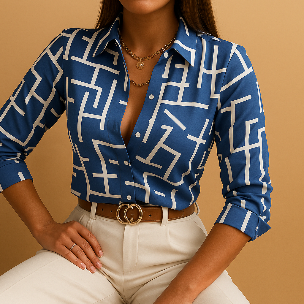 Women’s bold print blouse with a flattering fit and lightweight, breathable design, suitable for work, casual wear, and special occasions.