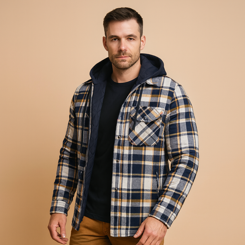 Men’s bomber jacket with hood featuring a warm lining and wind-resistant design, suitable for everyday wear and casual winter outfits.