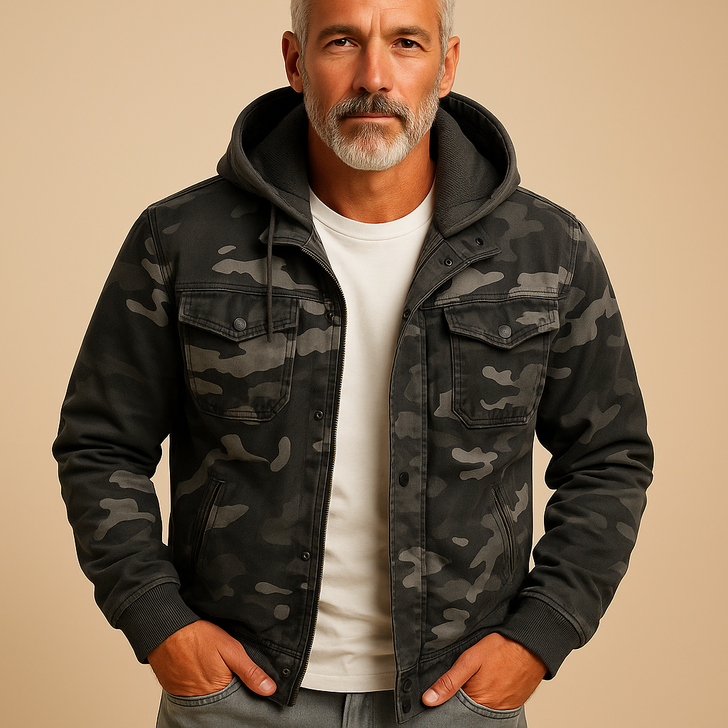 Men’s camouflage outdoor jacket with a waterproof design, adjustable cuffs, and deep pockets, suitable for outdoor activities and everyday wear.