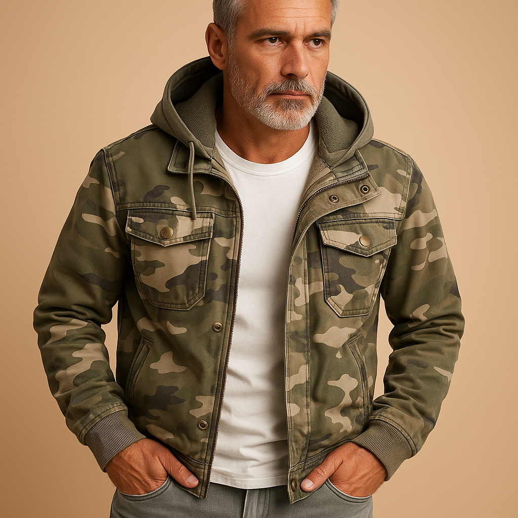Men’s camouflage outdoor jacket with a waterproof design, adjustable cuffs, and deep pockets, suitable for outdoor activities and everyday wear.