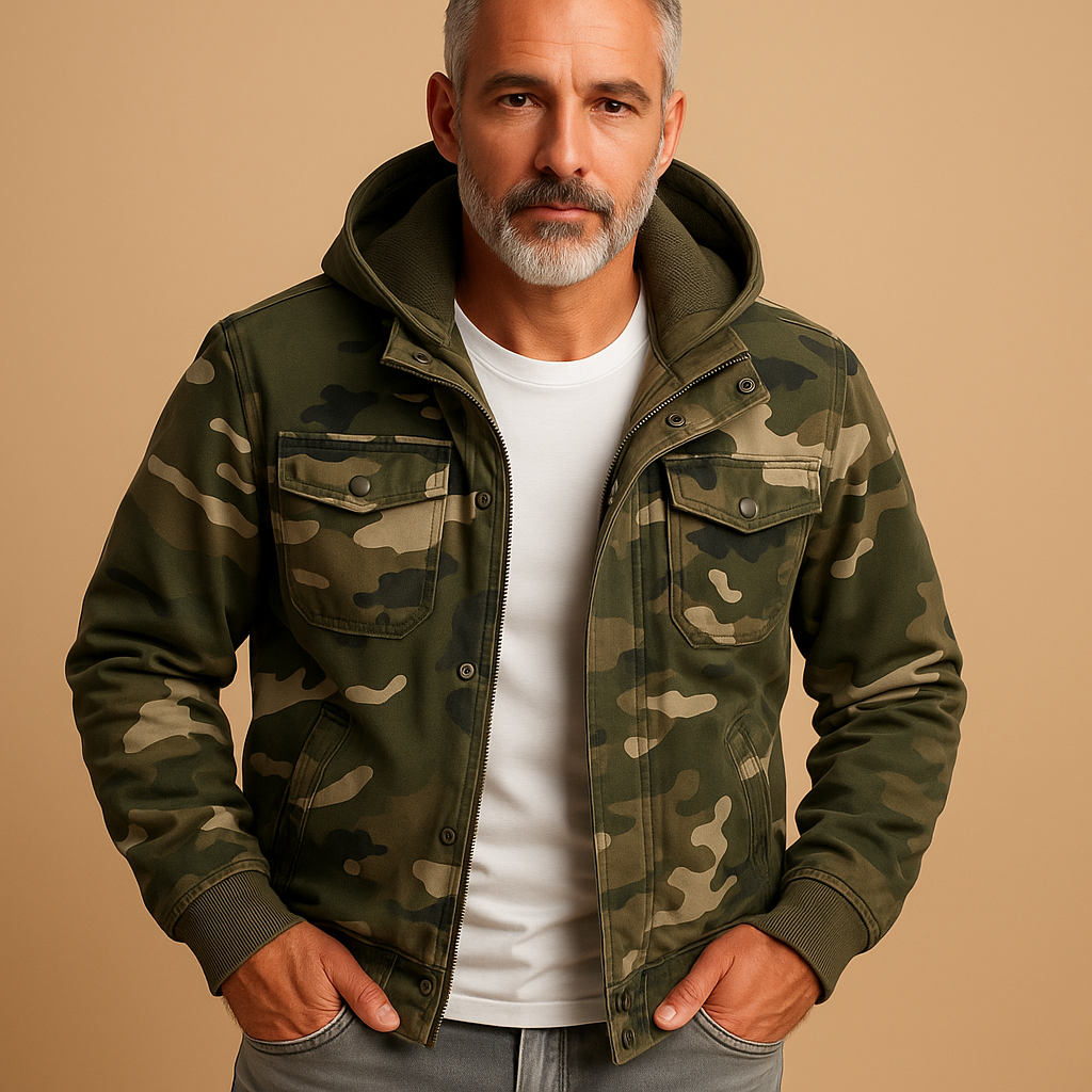 Men’s camouflage outdoor jacket with a waterproof design, adjustable cuffs, and deep pockets, suitable for outdoor activities and everyday wear.