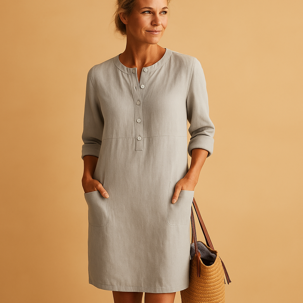 Women’s casual long button dress with rolled sleeves and side pockets in beige, olive green, and black, perfect for daily wear and relaxed outings.