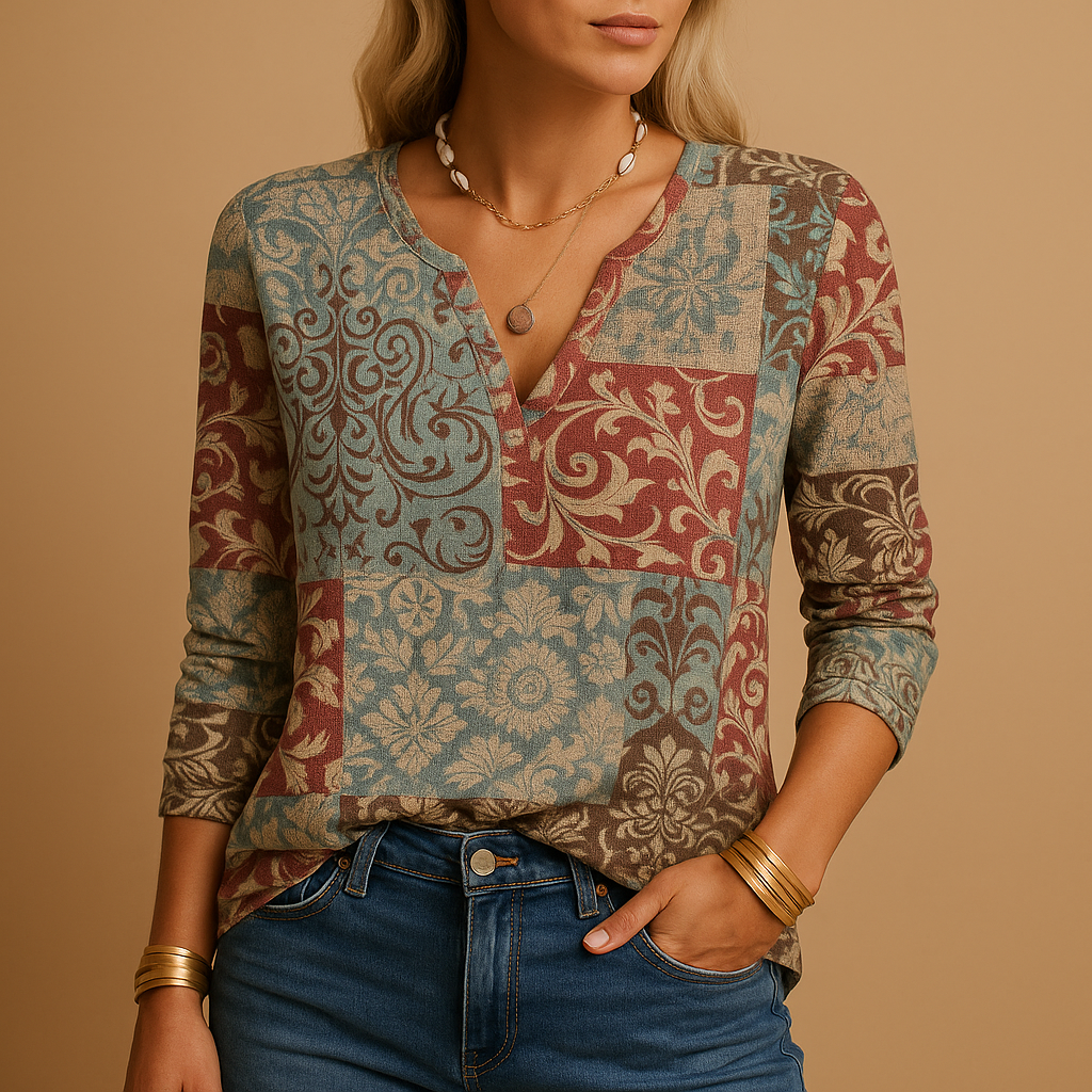 Women’s casual long sleeve printed top with a comfortable fit and mixed print design, suitable for daily wear, office looks, and trendy outfits.