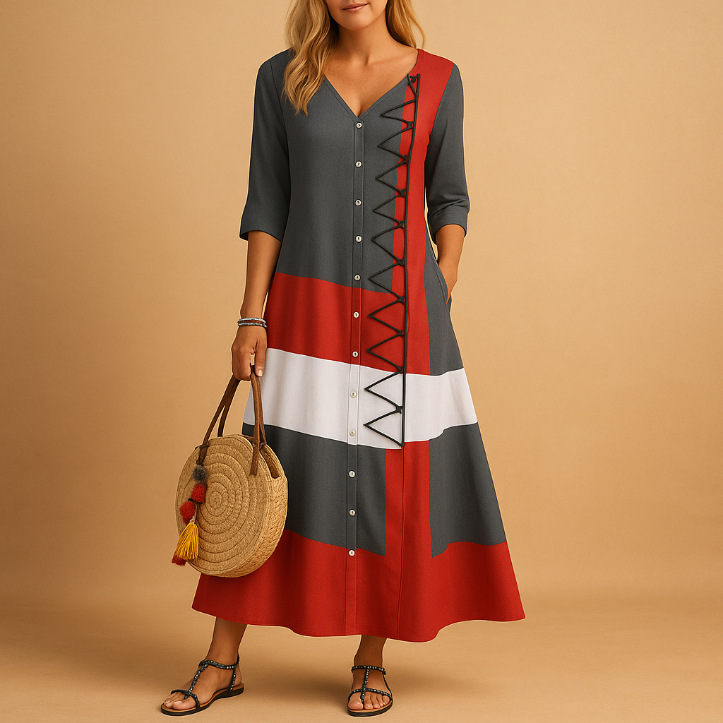 Women’s casual midi dress with button front, mid-length sleeves, and zig-zag stitching, perfect for everyday wear and relaxed outings