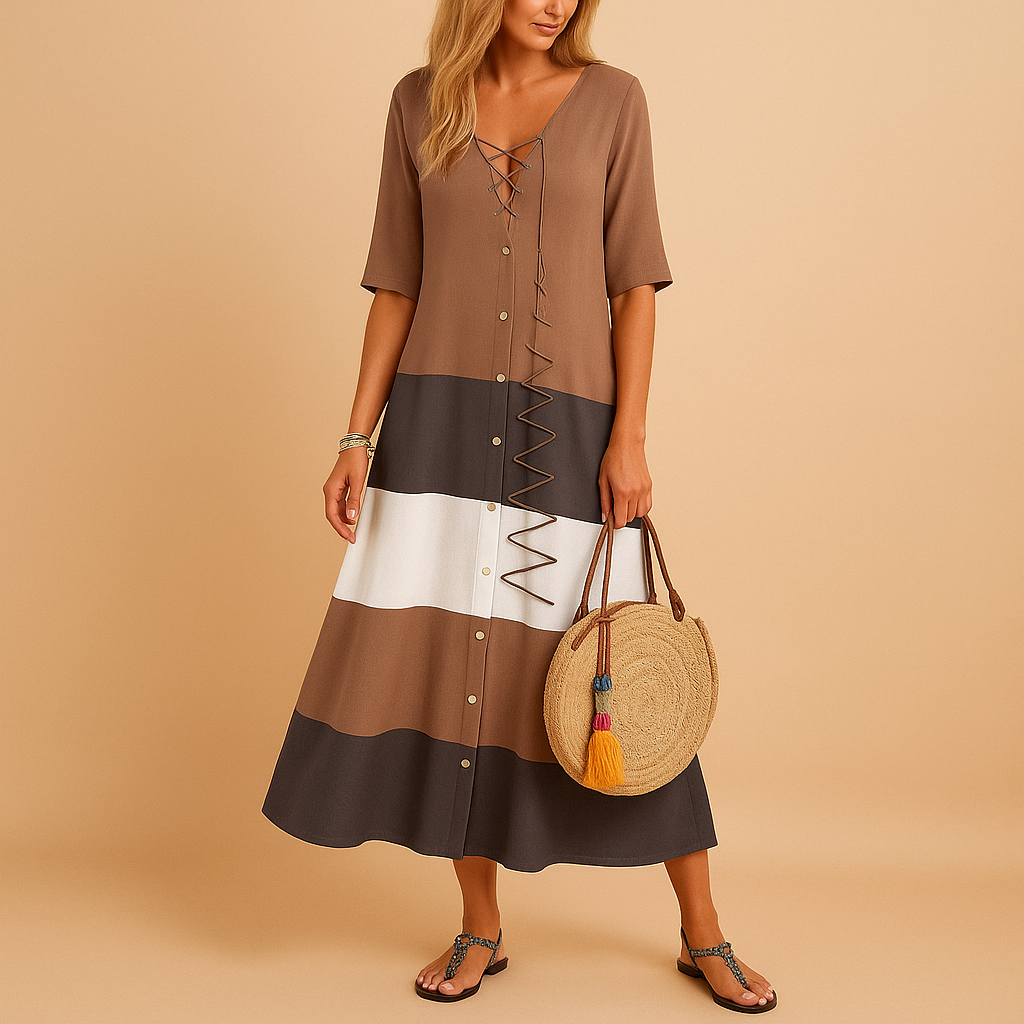 Women’s casual midi dress with button front, mid-length sleeves, and zig-zag stitching, perfect for everyday wear and relaxed outings