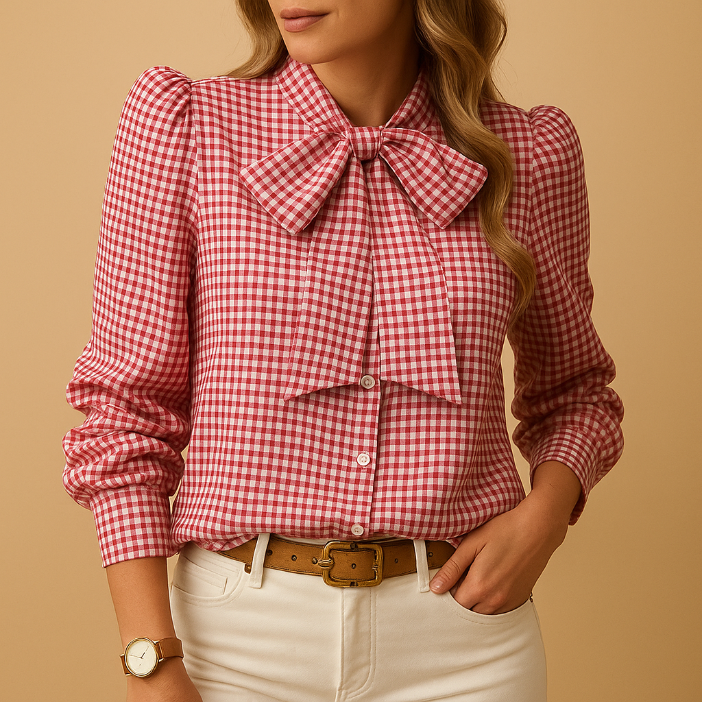 Women’s checked blouse with a bow detail and refined design, suitable for work, brunch, and casual everyday outfits.