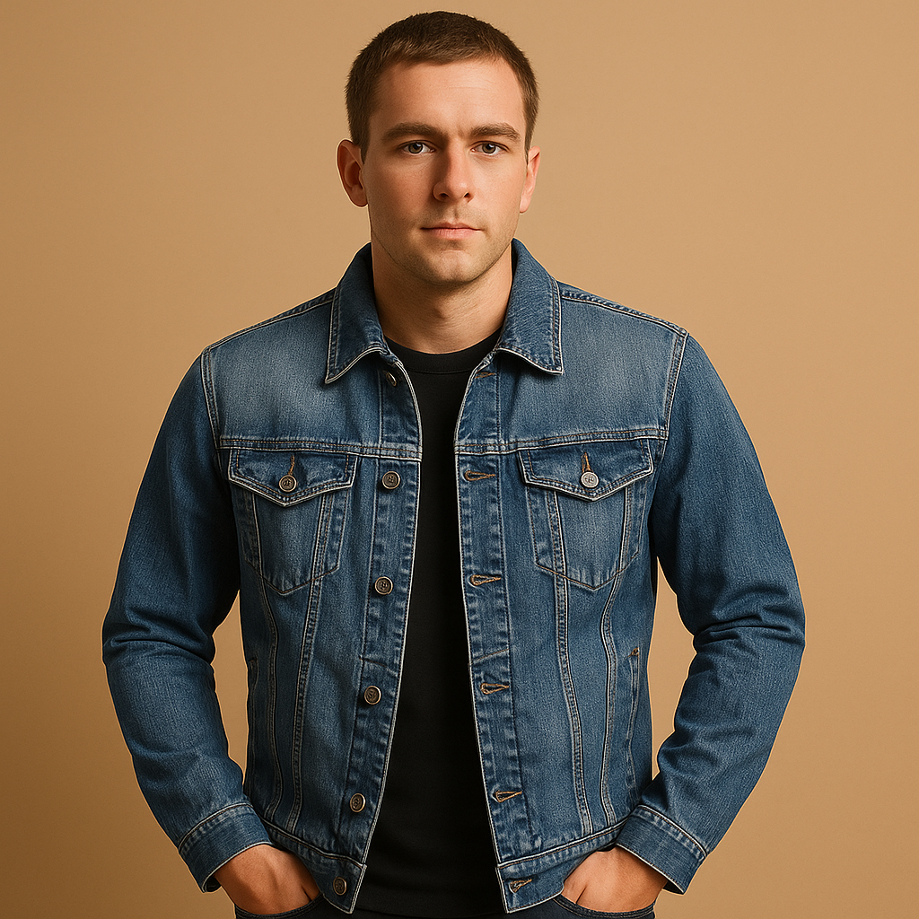 Men’s classic denim jacket in deep blue with a comfortable fit, suitable for everyday wear, city strolls, and casual outdoor days.